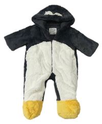 Tmavošedo-bílo-žlutá chlupatá zateplená kombinéza s kapucí - tučňáček F&F