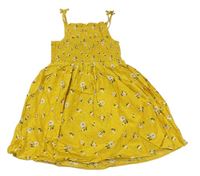 Okrové puntíkaté plátěné letní šaty s kytičkami PRIMARK