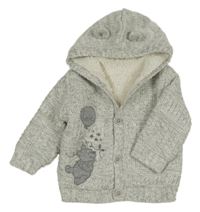 Šedo-bílý melírovaný vzorovaný pletený propínací zateplený svetr s Pú a kapucí s oušky George