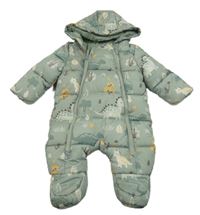 Světlekhaki prošívaná šusťáková zimní kombinéza s dinosaury a kapucí PRIMARK