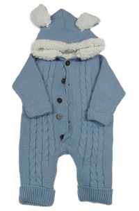 Modrá vzorovaná pletená zateplená kombinéza s kapucí s oušky enfal baby