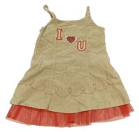 Béžové manšestrové šaty s nápisem a srdíčkem s flitry a korálky a tylovým volánkem 