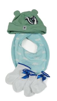 3Set - Olivová čepice se zvířátkem a oušky POLARN O. PYRET + světlemodrý bryndák s obláčky  + 2x - bílo/safírové ponožky s mašlí