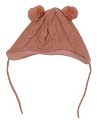 Růžová vzorovaná pletená zavazovací čepice s bambulemi Liegelind