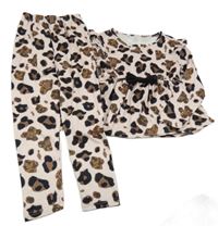 2Set - Světlerůžovo-hnědo-černé vzorované triko s mašlí a volánky + legíny