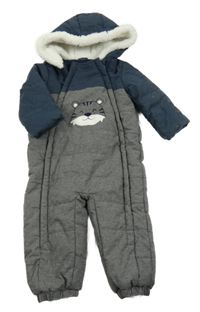 Šedo-tmavomodrá melírovaná softshellová zimní kombinéza s tygrem a kapucí C&A