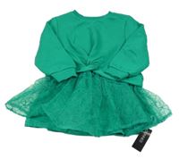 Nové - zelené teplákovo/organzové šaty s květy a překřížením St. Bernard