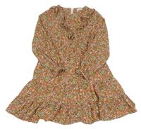 Skořicovo-zlaté pruhované šaty s kytičkami a volánkem 