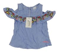 Nové - modro-bílá pruhovaná halenka s volánkem s kytičkami a volnými rameny X-CAVALLO