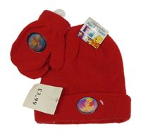 Nové - 2Set - červená pletená čepice s Pú s Prasátkem + palcové rukavice Disney