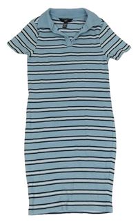 Světlemodro-bílo-černé pruhované žebrované elastické polo šaty New Look