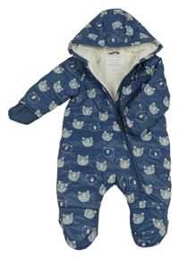 Tmavomodrá šusťáková zateplená kombinéza s medvědy a kapucí Primark