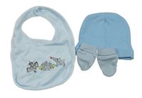 3set - Světlemodrá bavlněná čepice + rukavičky + oboustranný slinták s rytířem a drakem