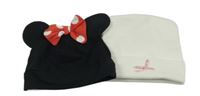 2x bavlněná čepice - černá s oušky a mašlí - Minnie + smetanová s mašlí