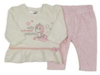 2set - Bílé sametové triko s jednorožcem + světlerůžové puntíkaté sametové tepláky Ergee