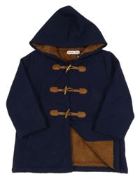 Tmavomodrý flaušový zateplený kabát s kapucí Shein