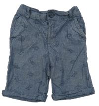 Tmavomodré melírované plátěné kraťasy s dinosaury Tu