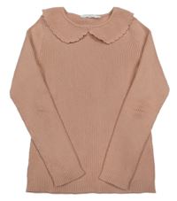 Růžový žebrovaný lehký svetr s límečkem Primark