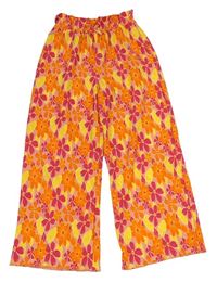 Růžovo-oranžové květované volné kalhoty Primark