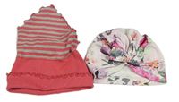 2 set - Bílo-růžová květovaná turbanová čepice + růžovo-šedý šátek/čepice