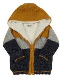 Tmavomodro-šedu-okrový zateplený propínací svetr s kapucí Primark