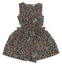 Tmavomodro-zeleno-růžový květovaný lehký kraťasový overal Next