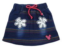 Tmavomodrá riflová sukně s barevnými proužky a nášivkami 