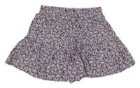Lila-černo-bílé květované lehké sukňové kraťasy 