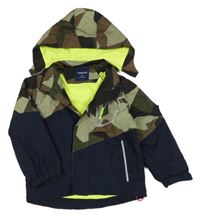 Tmavomodro-khaki šusťáková zateplená bunda s kapucí 