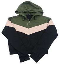 Černo-růžovo-khaki crop mikina s kapucí Select