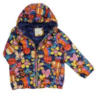 Tmavomodro-barevná šusťáková zateplená bunda s květy a srdíčky a kapucí Next