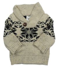 Béžovo-černý vzorovaný svetr s límečkem 