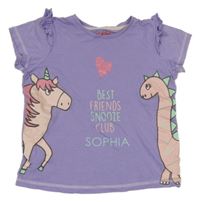 Lila tričko s jednorožcem a dinem a nápisem 