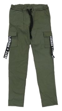 Khaki cargo elastické kalhoty s nápisy 