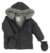 Tmavošedá šusťáková zimní bunda s kapucí + rukavice George