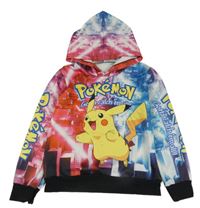 Červeno-modro-barevná vzorovaná mikina s Pikachu a kapucí 
