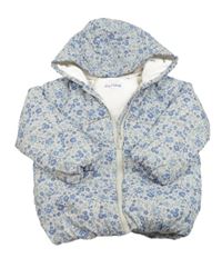 Bílo-světlemodrá květovaná šusťáková zimní bunda s kapucí Primark