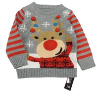 Nové - Šedo-červený svetr se sobem a pruhy na rukávech Dunnes