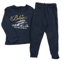 2set -  Tmavomodré žebrované triko s vlakem + tepláky 