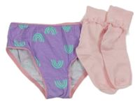 Nové - 2 set - fialové kalhotky s duhami + růžové ponožky 