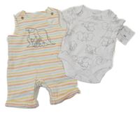 Nové - 2set - Bílo-barevné pruhované laclové kraťasy s Dumbem + body Disney