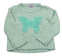 Mátový melírovaný svetr s motýlem F&F