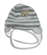Šedo-bílá pruhovaná sametová podšitá čepice s medvídkem