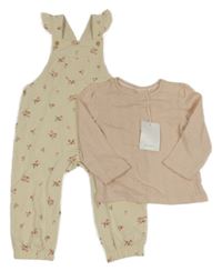 Nové - 2set - Béžové laclové tepláky s kytičkami + světlerůžové děrované triko C&A