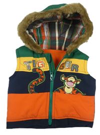 Tmavomodro/oranžovo/žluto/zelená šusťáková zateplená vesta s Tygrem a kapucí s kožešinou George