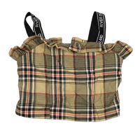 Béžovo-tmavohnědo-korálovo-bílý kostkovaný vzorovaný crop top s logy a volánkem RIVER ISLAND
