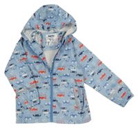 Světlemodrá nepromokavá bunda s auty a autobusy a buldozery a kapucí lupilu