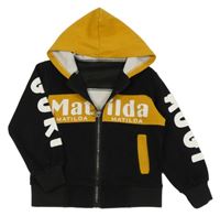 Černo-okrová propínací mikina s nápisy a kapucí 