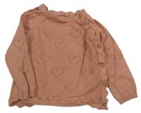 Skořicový propínací svetr s perforovanými srdíčky Tu