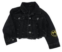 Černá riflová crop bunda s prošoupáním a smajlíky a nápisy a límečkem SHEIN